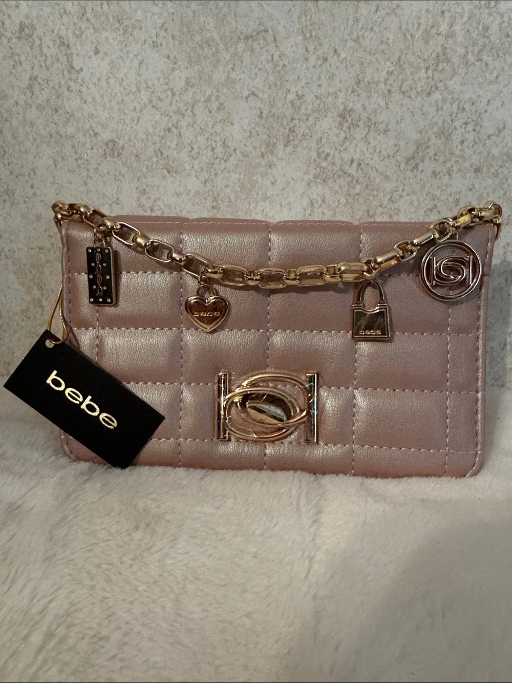 bebe Quilted Chain Shoulder Clutch in Shimmery Blush